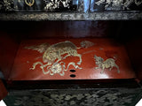 Vintage Asian Black Lacquer Golden Carving Side Table Credenza Cabinet cs7586S