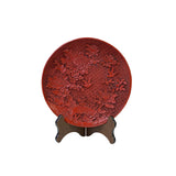 Chinese Red Resin Lacquer Round Flower Bird Relief Carving Accent Plate ws3350S