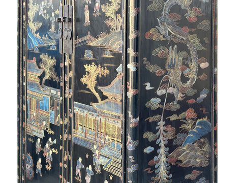 Vintage Black Lacquer Color Houses Trees Dragon Graphic Storage Cabinet ws4300S