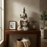 Chinese White Marble Stone Sitting Kwan Yin Tara Bodhisattva Statue cs3883S