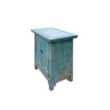 Distressed Pastel Blue Stone Top Doors Flared Legs End Table Nightstand ws4491S