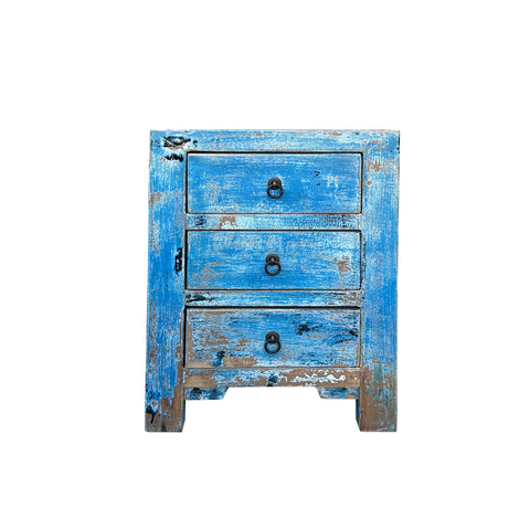 Distressed Bright Blue 3 Drawers Stone Top End Table Nightstand Chest ws4424S