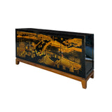 Handmade Solid Wood Chinese Sideboard Buffet Console Table Cabinet – Black & Gold Ancient Market Scenery cs7643S