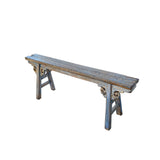 Distressed Brown Light Blue Village Slim Narrow Scroll Apron Wood Bench ws4538S