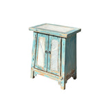 Distressed Pale Blue Stone Top Doors Slayed Legs End Table Nightstand ws4440S