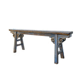 Distressed Brown Light Blue Village Slim Narrow Scroll Apron Wood Bench ws4538S
