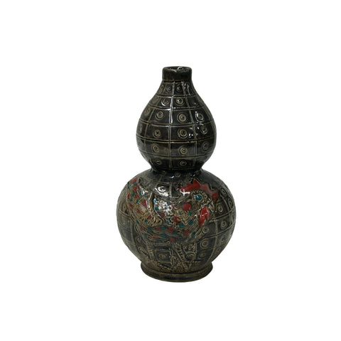 handmade oriental gourd shape ceramic vase brown metallic rooster design