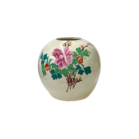 Vintage Chinese Pink Peonies Round White Porcelain Pot Vase ws4526S