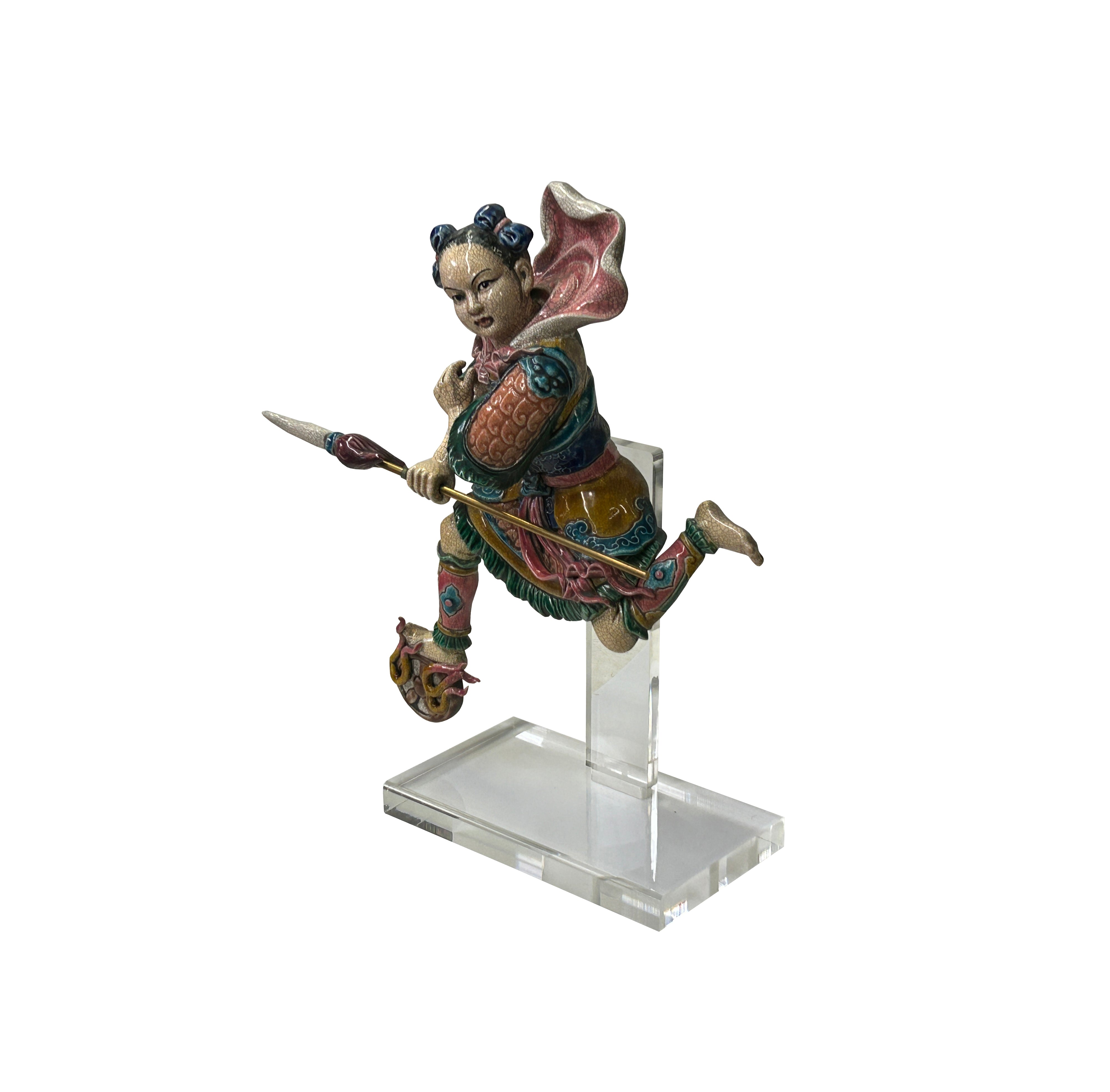 Chinese Vintage Color Ceramic NeZha Riding Fire Wheel Figure Display Art ws3982S