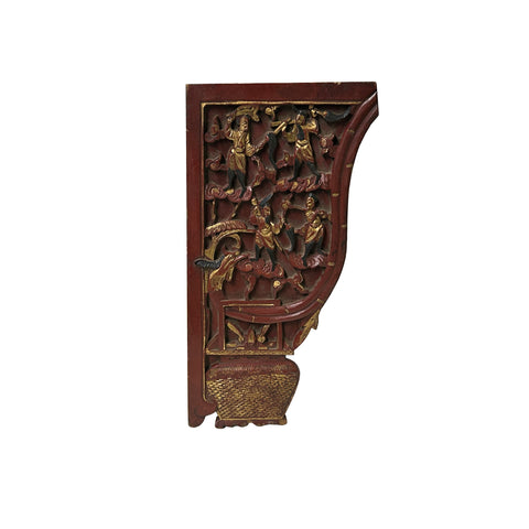 Decorative wooden bracket with intricate carvings on a white background