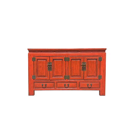 Oriental Distressed Brick Orange Red Lacquer Low Table TV Console Cabinet ws4050S