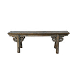 Distressed Brown Light Blue Village Slim Narrow Scroll Apron Wood Bench ws4532S