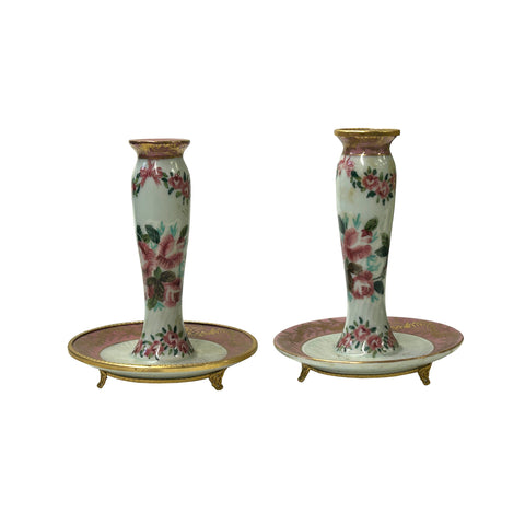pair floral ceramic tube shape candle holders vintage style