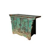 Vintage Distressed Teal Blue Green Carved Apron Low Console Table ws4468S