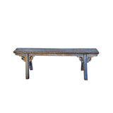 Distressed Brown Light Blue Village Slim Narrow Scroll Apron Wood Bench ws4538S