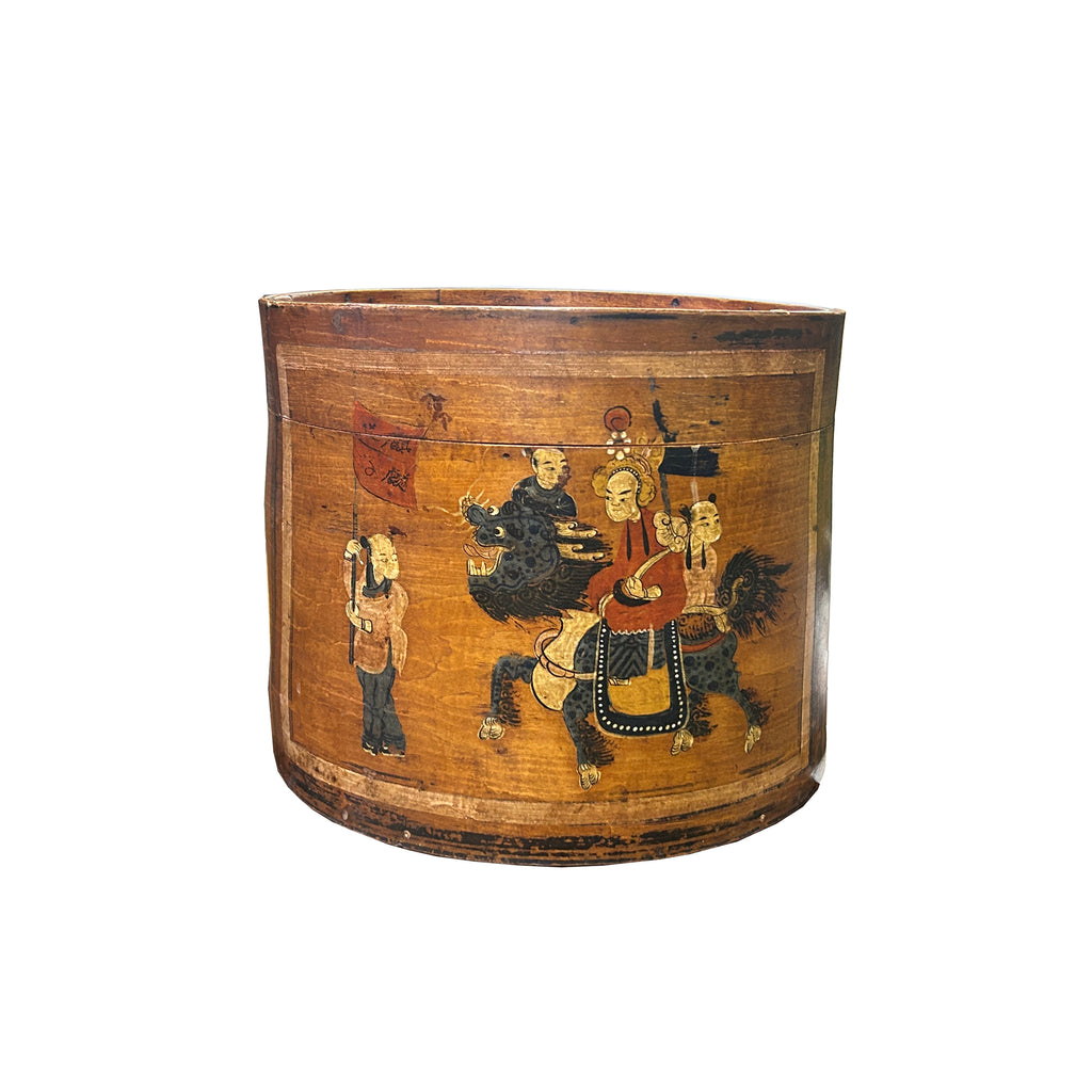 Vintage Chinese Kids Play w Kirin Graphic Round Wood Box Bucket ws3680S