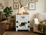 Chinese Off White Vinyl Moon Face Flower Graphic End Table Nightstand ws4931S