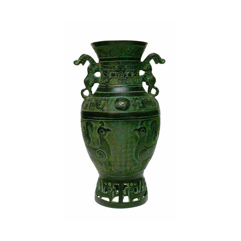 Chinese Old Dynasty Green Bronze Dragons and Birds Pattern Ceremonial Vase cs1048S