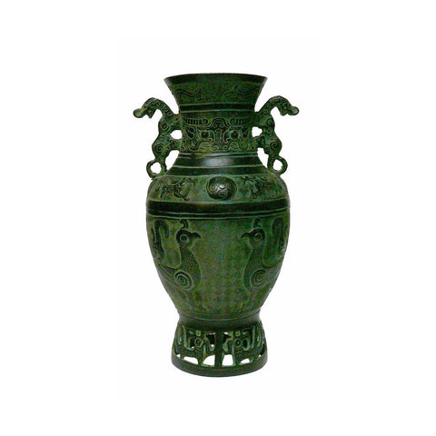 Chinese Old Dynasty Replica Green Bronze Dragons and Birds Pattern Ceremonial Vase cs1048S