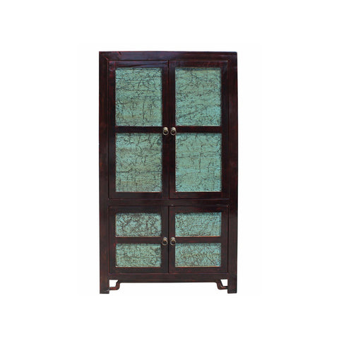 Chinese Distressed Turquoise Brown Large Armoire Wardrobe Cabinet cs2708S