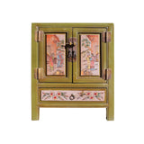 Chinese Oriental Distressed Mustard Green Flower End Table Nightstand cs2303S