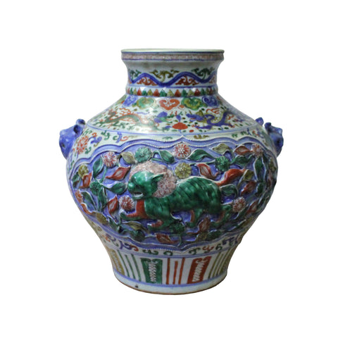 Handmade Ceramic Multi Color Dimensional Foo Dog Vase Jar cs4250S