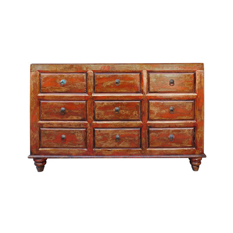 Chinese Distressed Orange Brown 9 Drawers Dresser Cabinet cs1977S