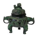 Handcrafted Green Bronze Lion Head Foo Dog Lid Ding Incense Burner with Intricate Details ws1452S