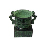 Ancient Chinese Green Black Bronze Ding Container Jar - Ceremonial Display Cup with Dragon Handles ws1473S