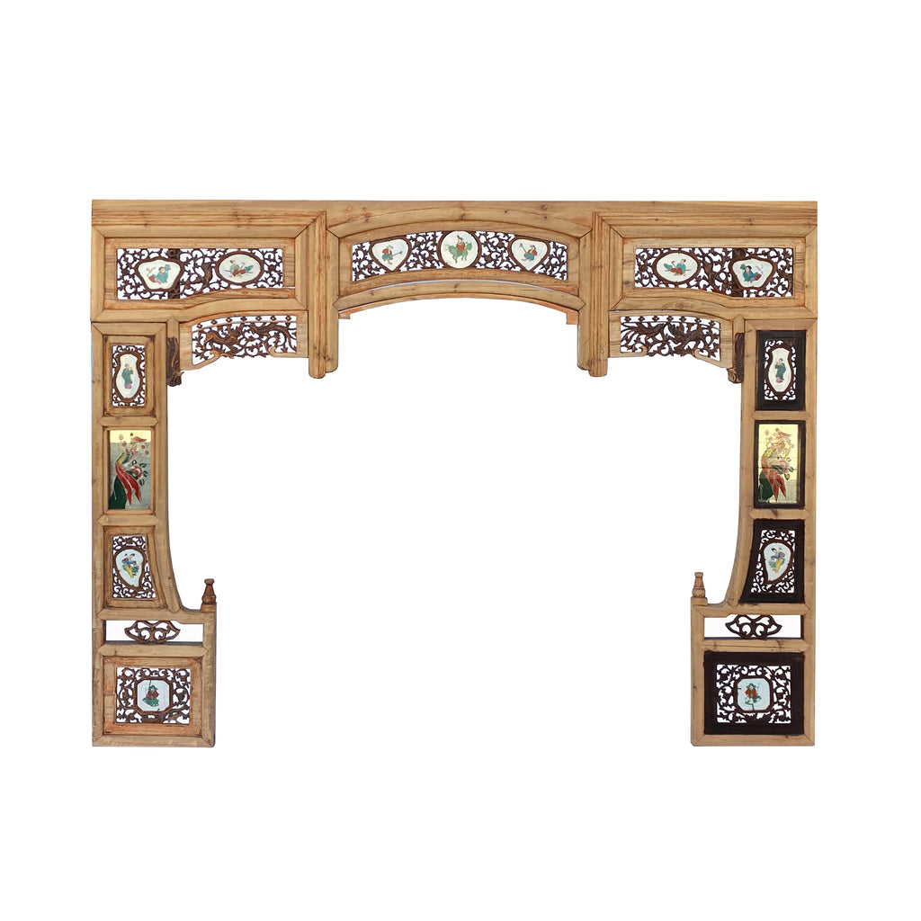 Antique Chinese Wooden Archway with Hand-Painted Porcelain Inlays
