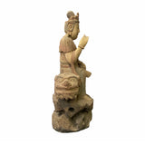 Chinese Rustic Wood Sitting Guan Yin on Lion Manjushri Statue ws1525S