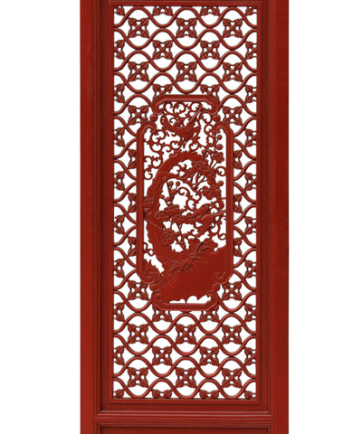 Oriental Red Paint Geometric Flower Bird Accent Narrow Floor Panel Headboard cs3568S Oriental Red Paint Geometric Flower Bird Accent Narrow Floor Panel Headboard cs3568S