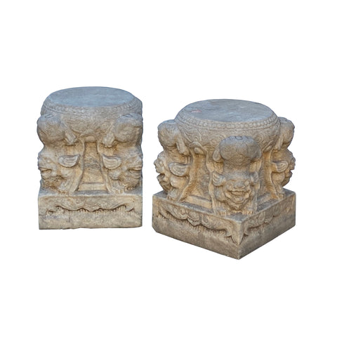Pair Chinese Foo Dog Carving Marble Stone Base Garden Stool Tables cs7203S