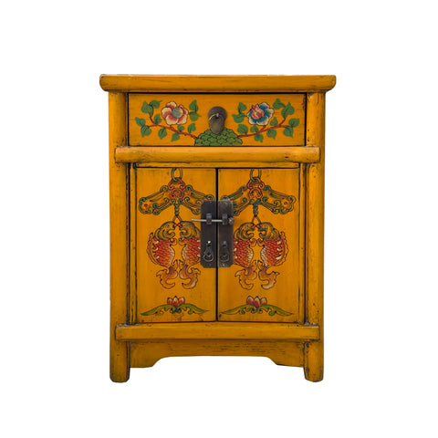 yellow fishes end table - Oriental distressed lacquer nightstand - Asian Chinese floral graphic side table