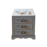 Elegant Oriental Nightstand with Floral & Bird Motif Gray Vinyl Three Drawers End Table Nightstand cs6161S