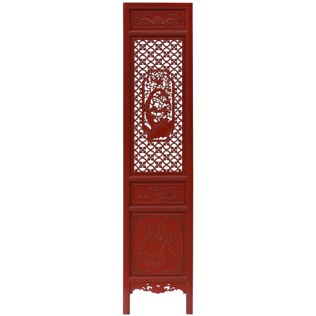 Oriental Red Paint Geometric Flower Bird Accent Narrow Floor Panel Headboard cs3568S Oriental Red Paint Geometric Flower Bird Accent Narrow Floor Panel Headboard cs3568S