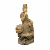 Chinese Rustic Wood Sitting Guan Yin on Lion Manjushri Statue ws1525S