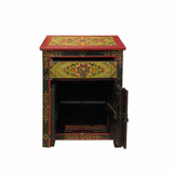 Lime Green Orange Black Tibetan Style Floral End Table Nightstand cs6935S