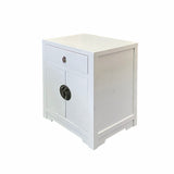 Handmade Distressed White Oriental Moon Face Nightstand – End Table with Drawer & Cabinet Doors cs7039S