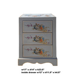 Elegant Oriental Nightstand with Floral & Bird Motif Gray Vinyl Three Drawers End Table Nightstand cs6161S