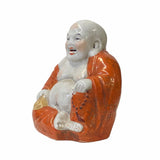  Chinese Happy Laughing Buddha Statue Orange Off-White Porcelain Vintage Rustic Finish with Prayer Beads for Feng Shui and Room Decor ws1585S