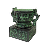 Ancient Chinese Green Black Bronze Ding Container Jar - Ceremonial Display Cup with Dragon Handles ws1473S