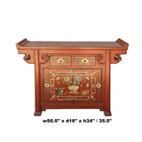 Chinese Distressed Brick Red Oriental Console Table Cabinet  - Point Edge & Flower Design cs6177S