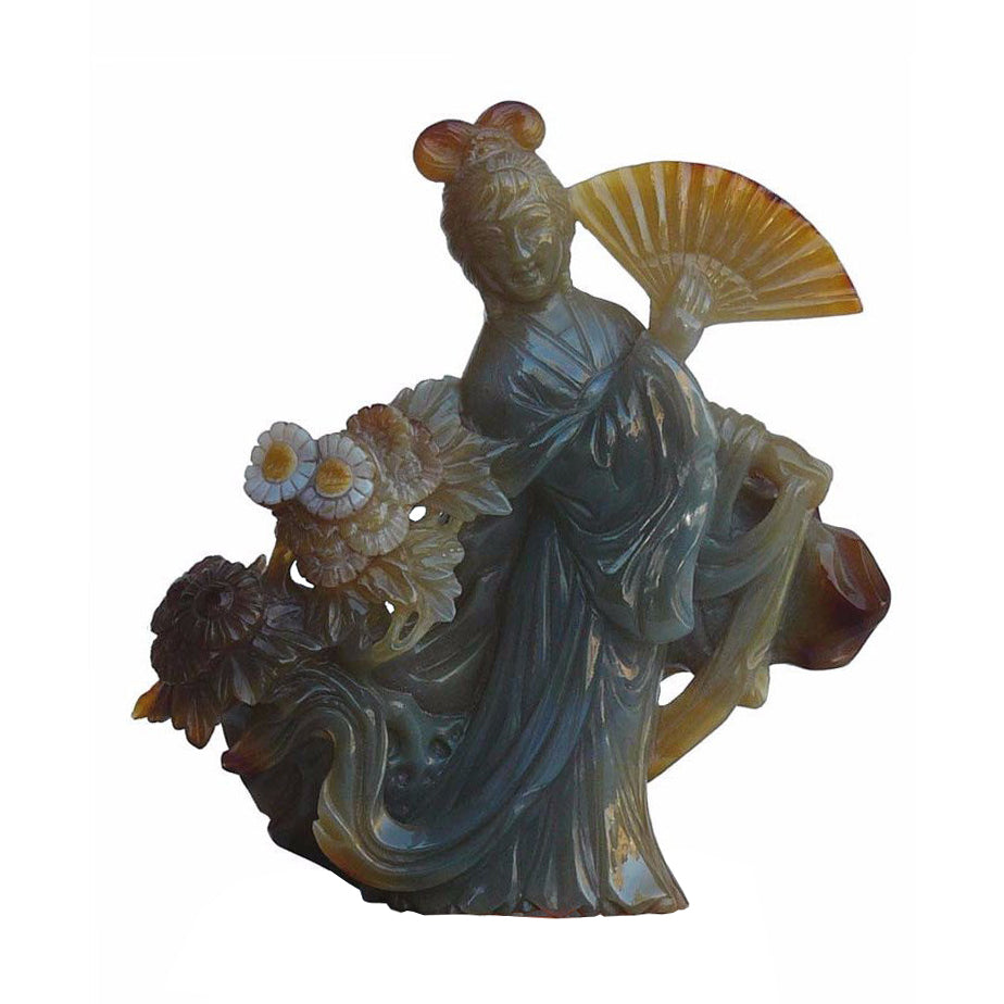 Handcrafted Natural Stone Chinese Ancient Fairy Lady Sculpture Dance With Fan s1035S