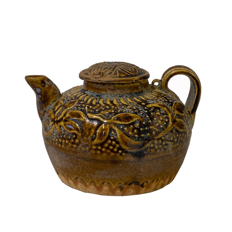 oriental ceramic jar - asian pottery urn art - chinese brown clay container display