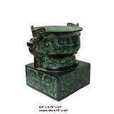 Ancient Chinese Green Black Bronze Ding Container Jar - Ceremonial Display Cup with Dragon Handles ws1473S