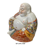 Seated Ceramic Laughing Buddha Statue Holding Prayer Beads with Detailed Hand-Painted Design ws1604S