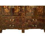 Chinese Distressed Dark Brown Vintage Graphic Tall Credenza Cabinet cs5807S