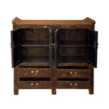 Chinese Distressed Dark Brown Vintage Graphic Tall Credenza Cabinet cs5807S