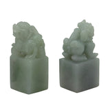 Detail Carved Natural Jade Pair Chinese Table Top Small Foo Dog Statue n470S